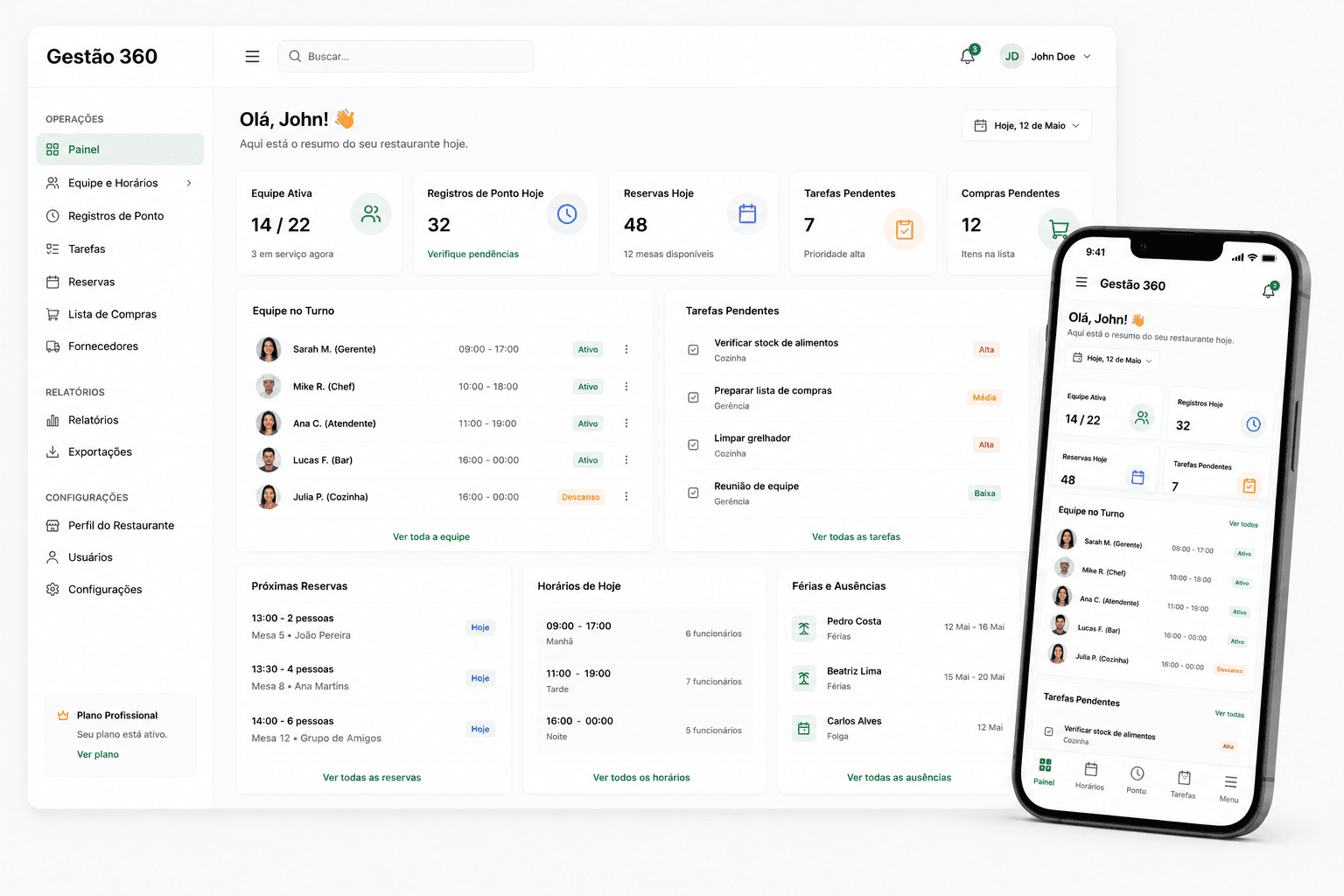 Pré-visualização da Gestão 360 na web e no telemóvel: painel, equipa e reservas